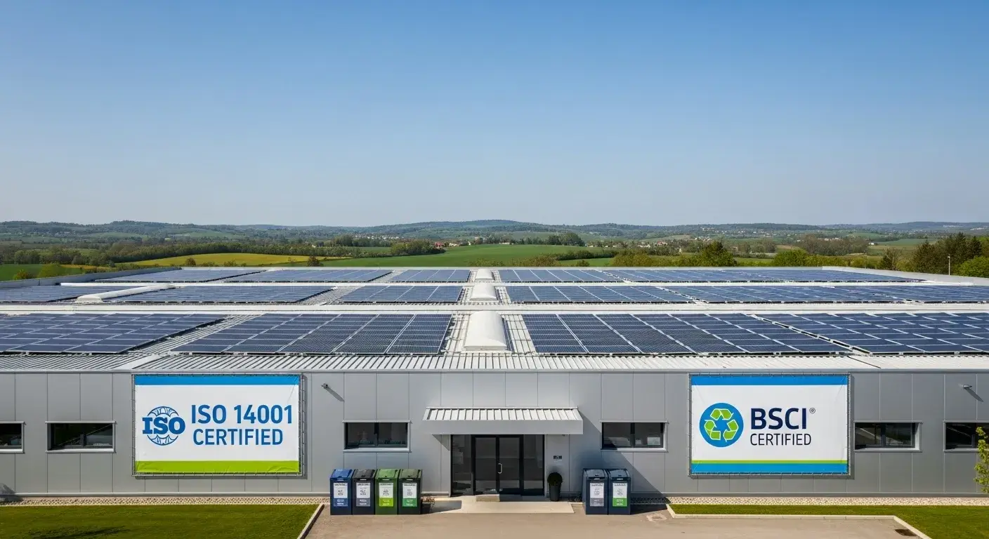 Factory with solar panels and green initiatives