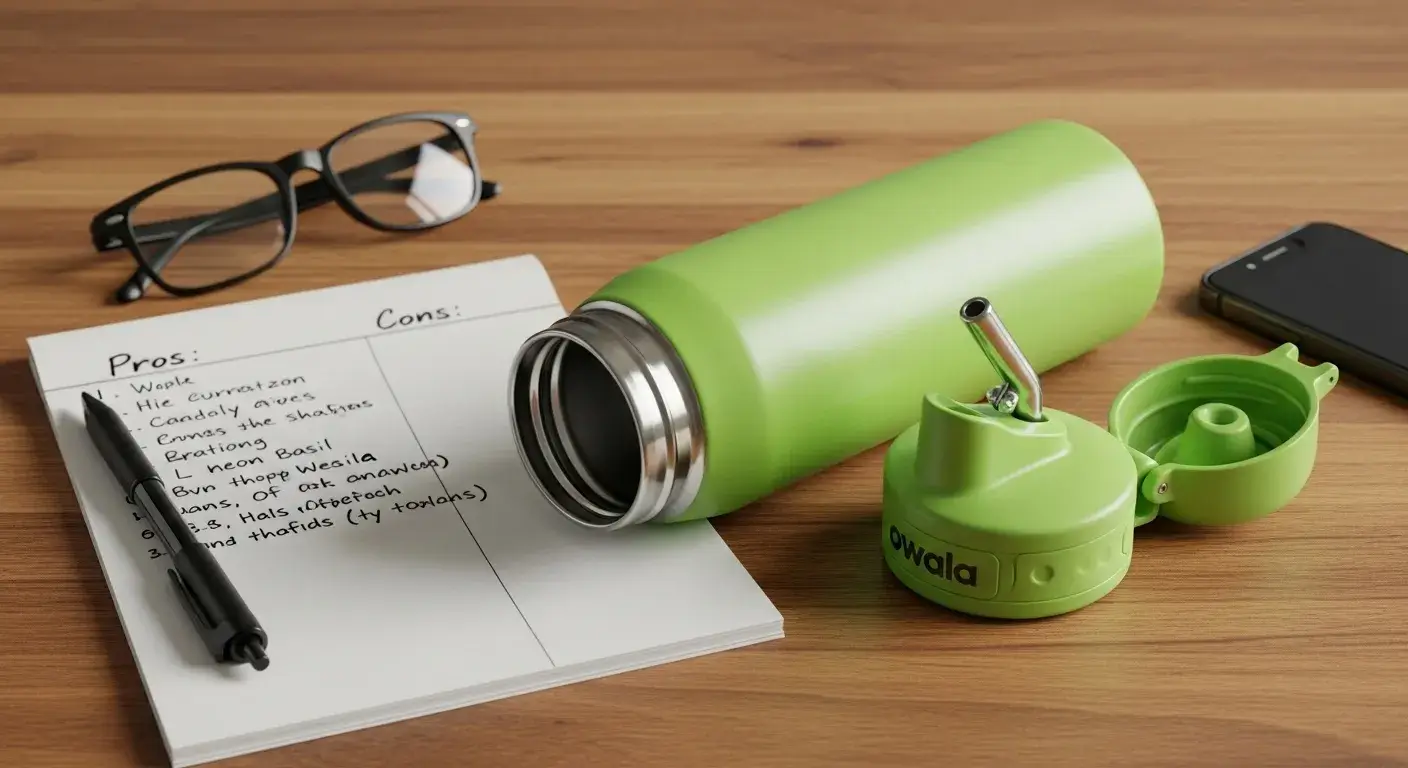 Owala bottle beside checklist of pros and cons on notepad