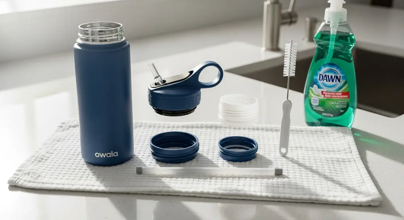 Disassembled Owala bottle parts on clean kitchen towel