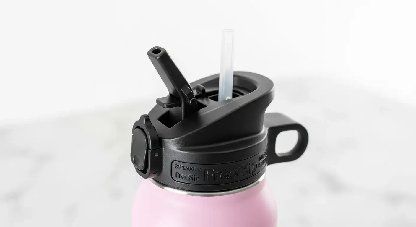 Insulated water bottle showing dual-sip lid with straw and chug opening