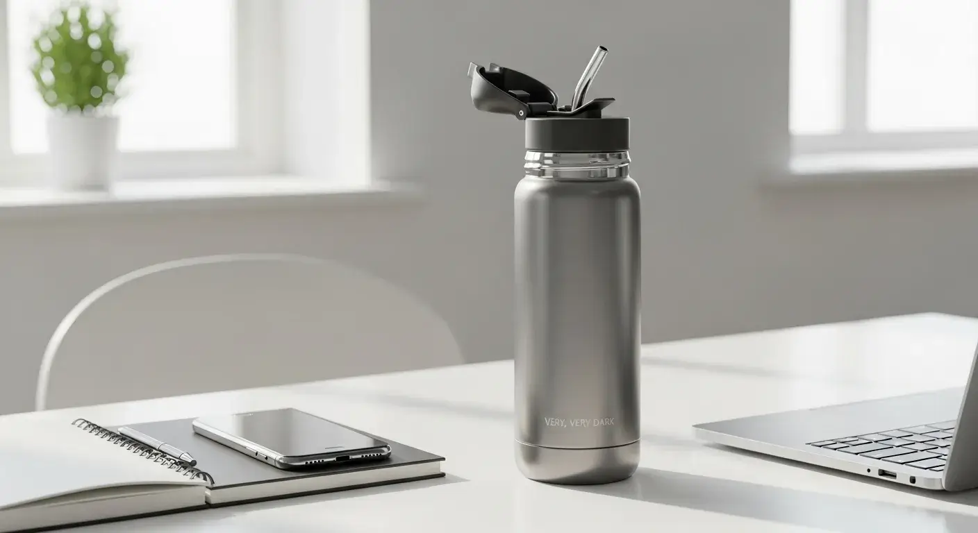 Owala 24 oz FreeSip on a desk beside a phone and notebook