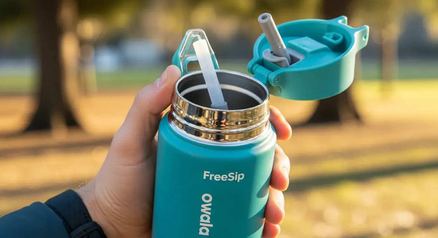 Owala bottle showing FreeSip lid opened and closed