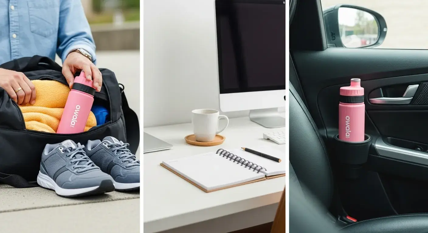Owala bottle in gym bag, on desk, and in car cup holder