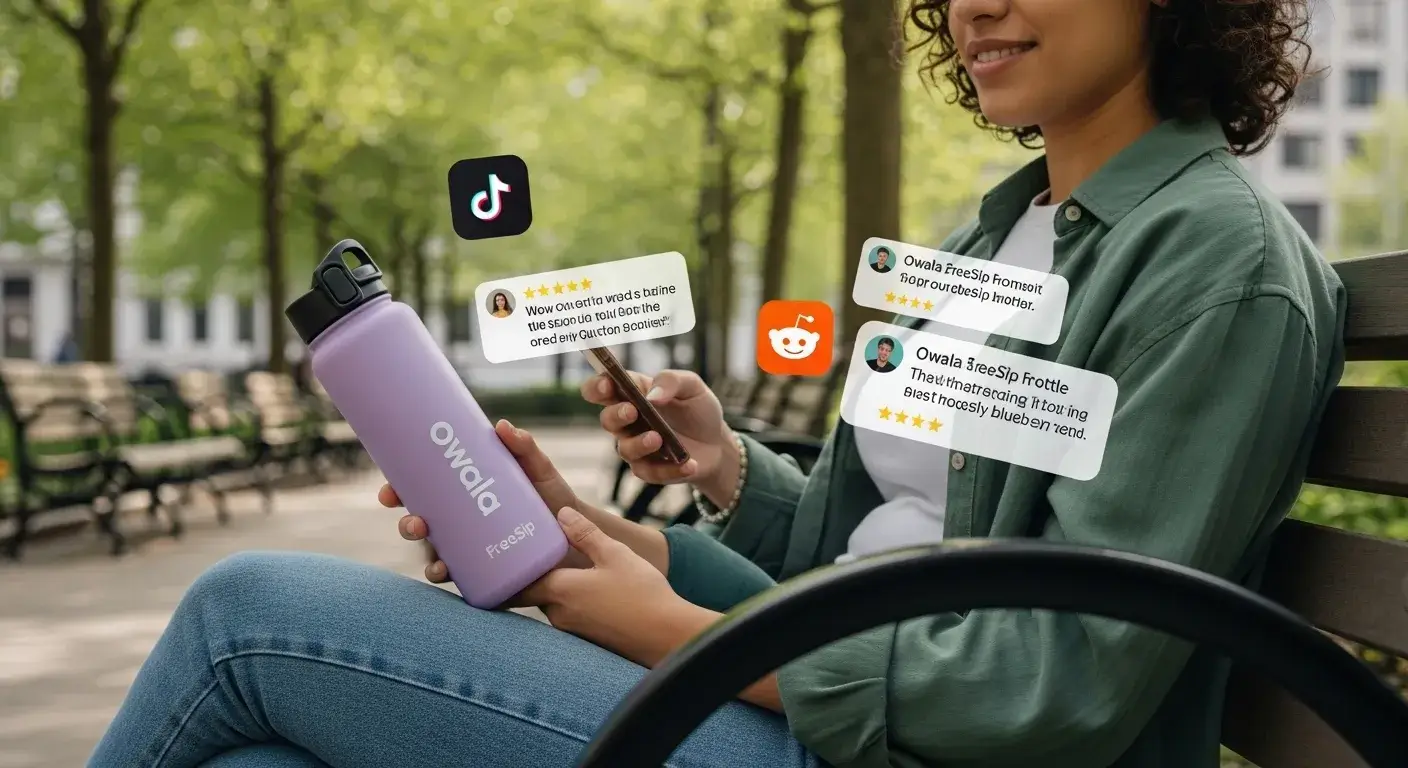 User holding Owala bottle with TikTok and Reddit icons nearby