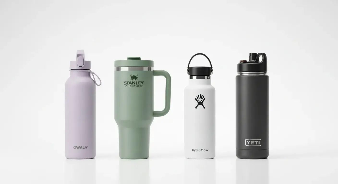Owala bottle side-by-side with Hydro Flask, Stanley, and Yeti bottles