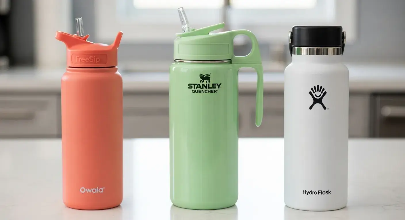 Owala, Stanley, and Hydro Flask bottles side by side