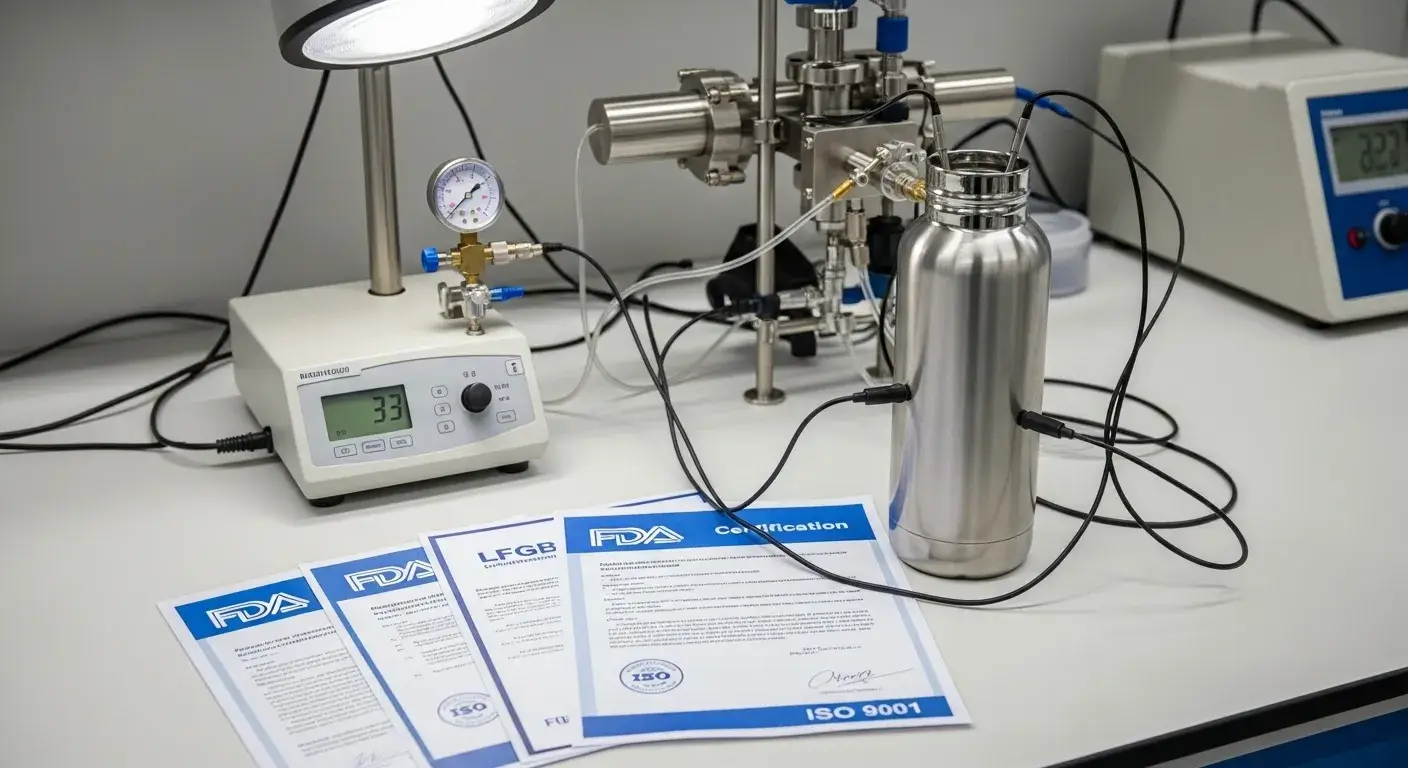 Lab testing equipment with stainless bottle and certification documents