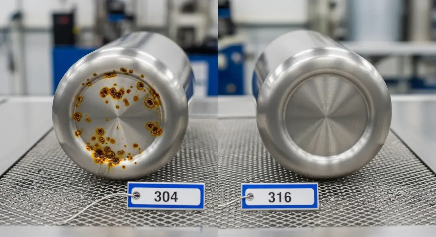 304 and 316 steel samples after saltwater exposure, showing rust differences