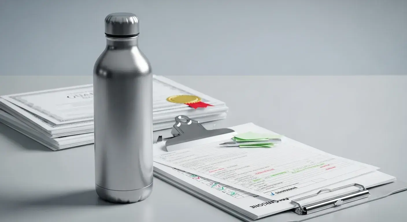 Checklist with stainless steel bottle and certificates