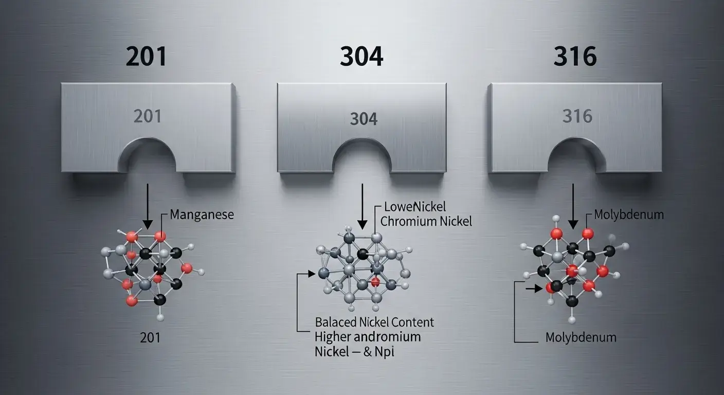 Cross-section of 304 vs 316 vs 201 steel