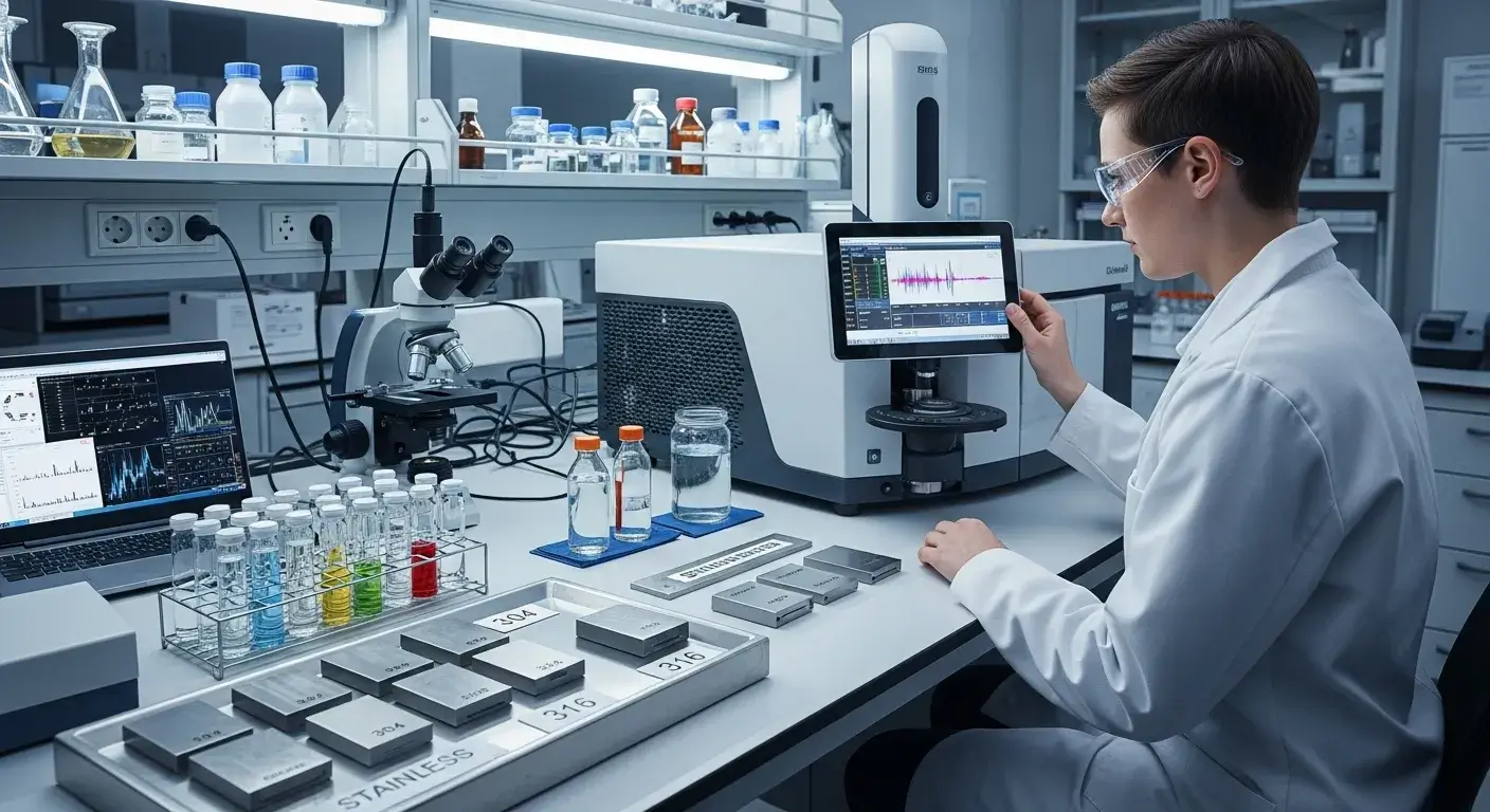 Lab technician analyzing stainless steel samples with advanced equipment