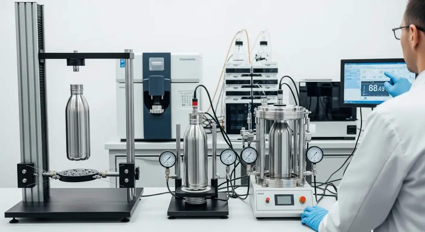 Testing lab with stainless steel water bottles undergoing durability and leak tests