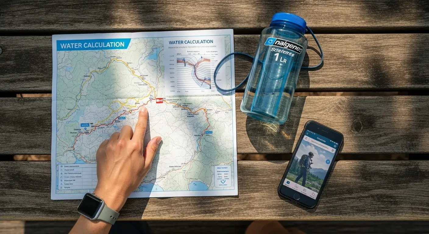 Hiker studying water needs chart with trail map