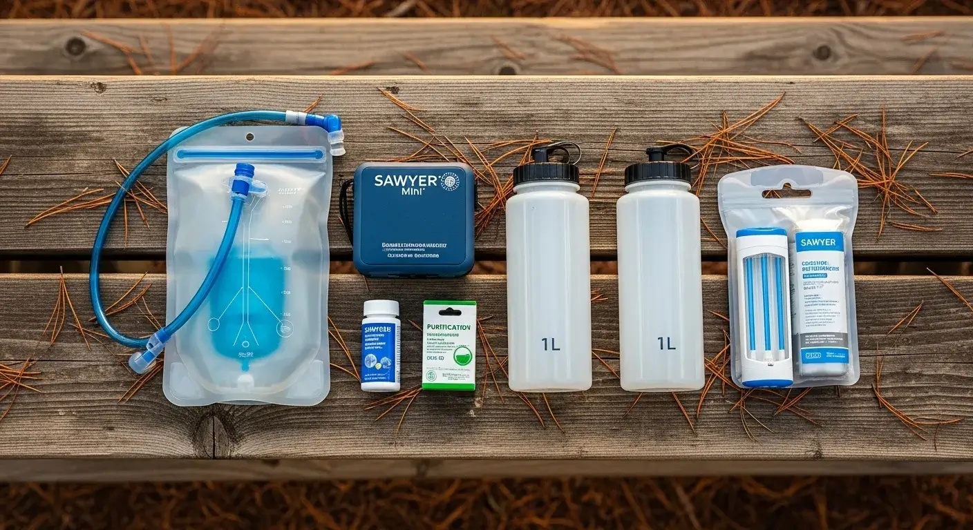 Water bottle, filter, and bladder gear flat lay