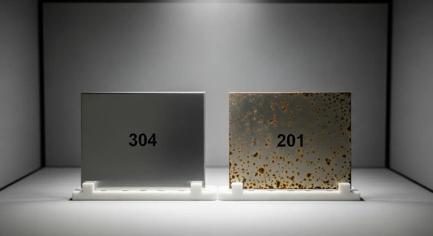 Salt corrosion test showing 304 vs 201 difference