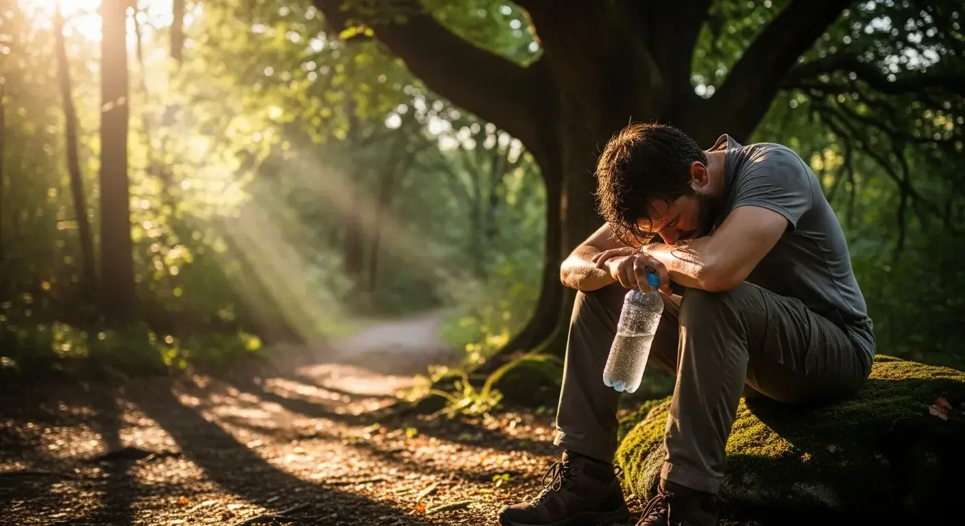 Tired hiker resting in shade drinking water