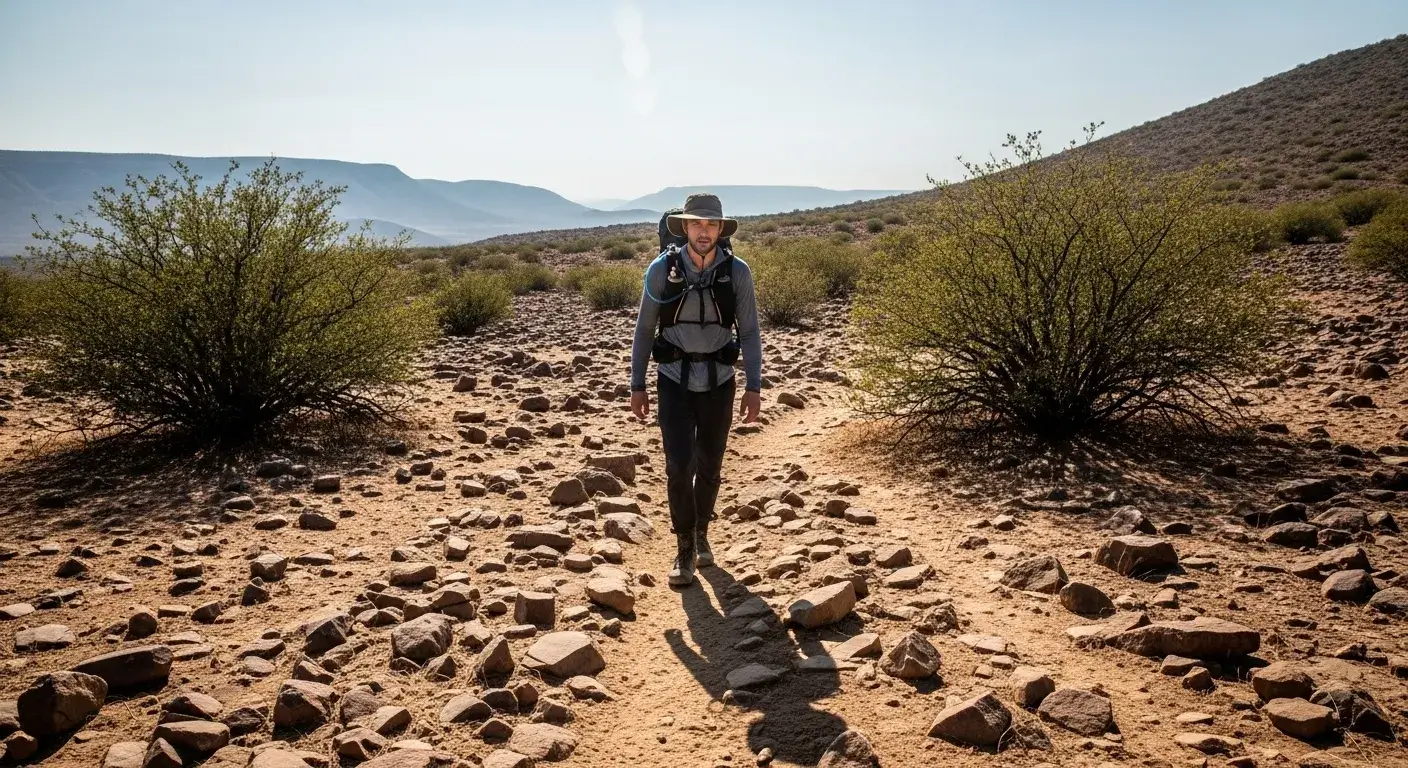 Hiker in dry heat with visible sweat carrying water