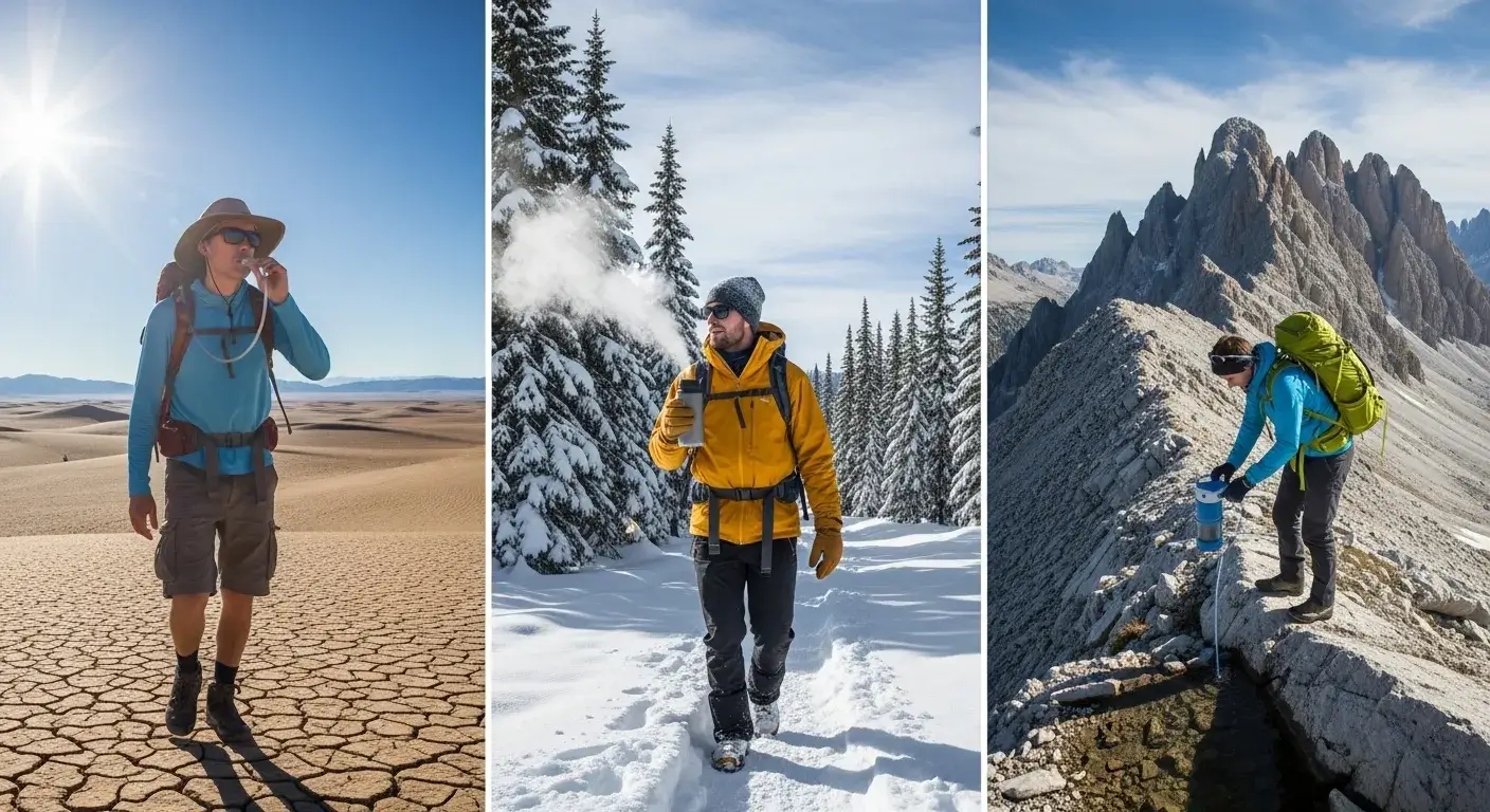 Three hikers in hot, cold, and alpine conditions with water gear