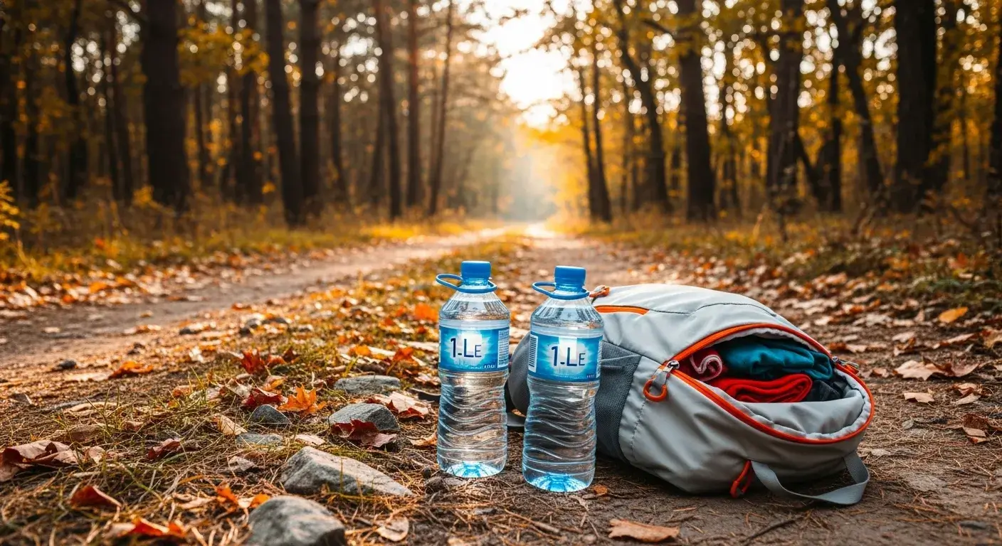 Two water bottles beside light hiking pack on trail
