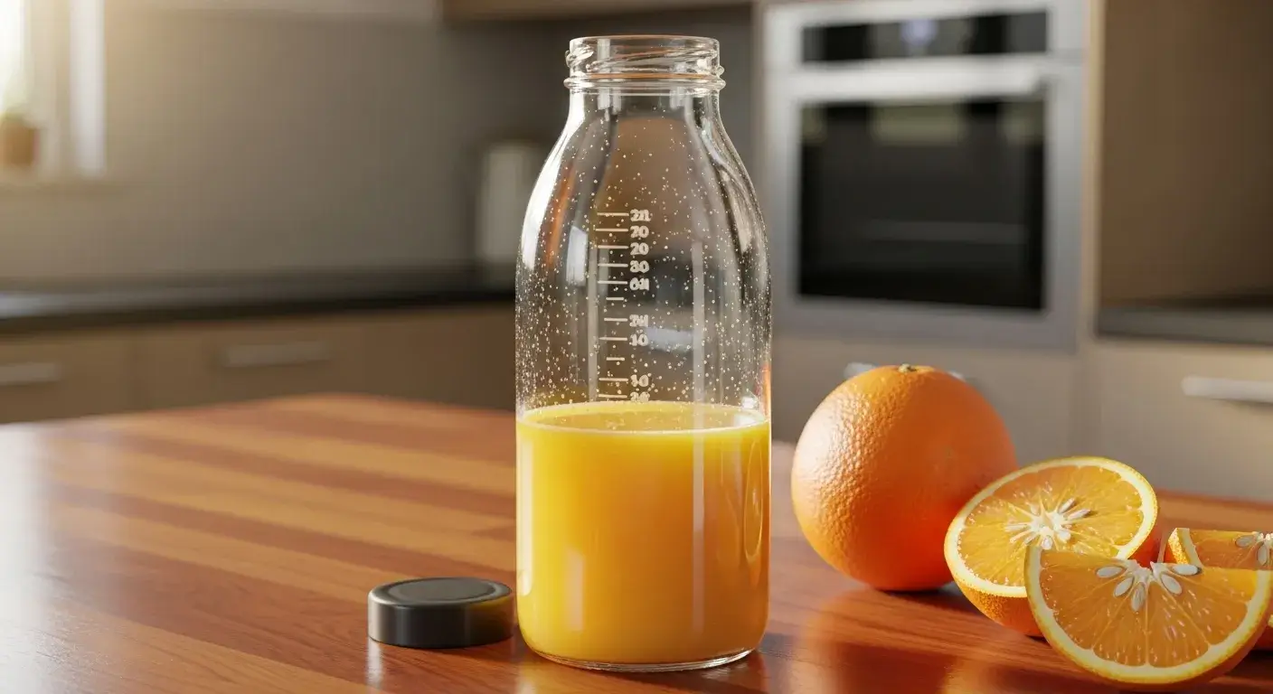 Effects of acidic drinks Juice in reusable bottle with wear and residue