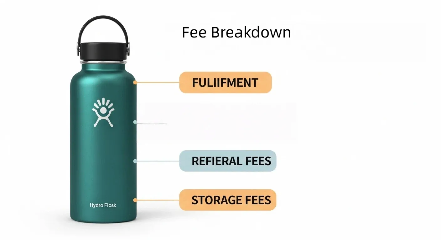 Chart and FBA fee breakdown with water bottle mockup