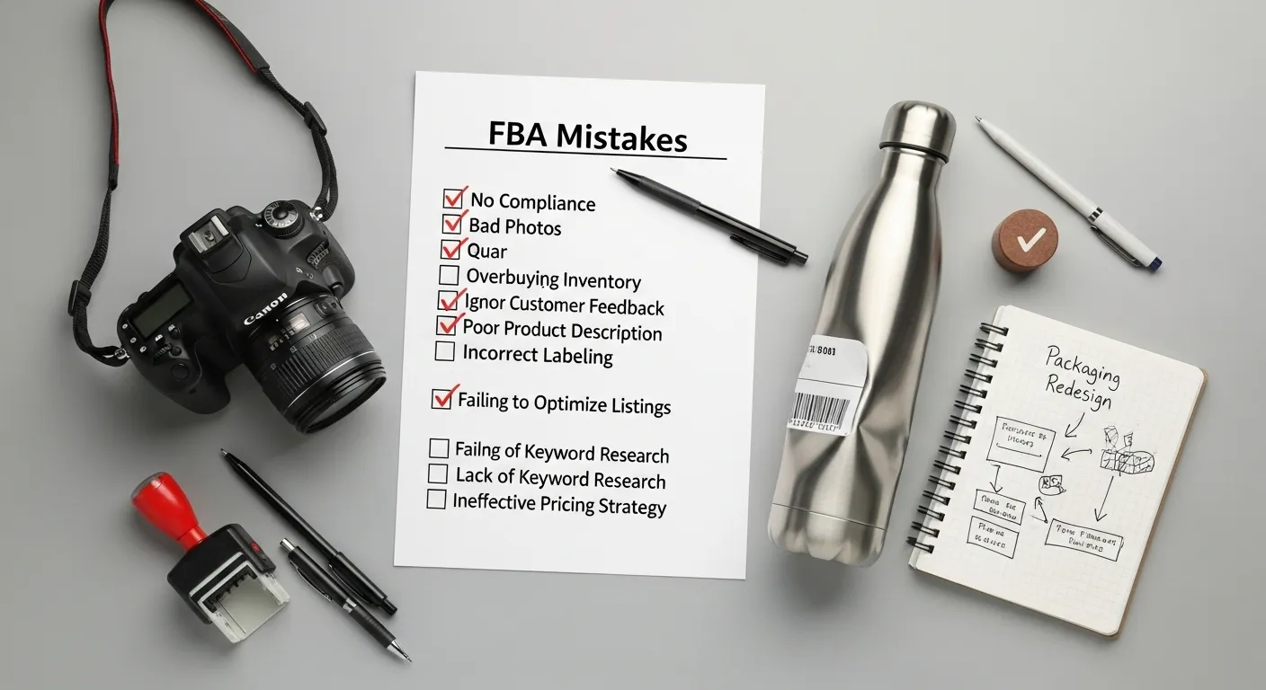 Checklist of FBA mistakes with bottle, camera, and return box