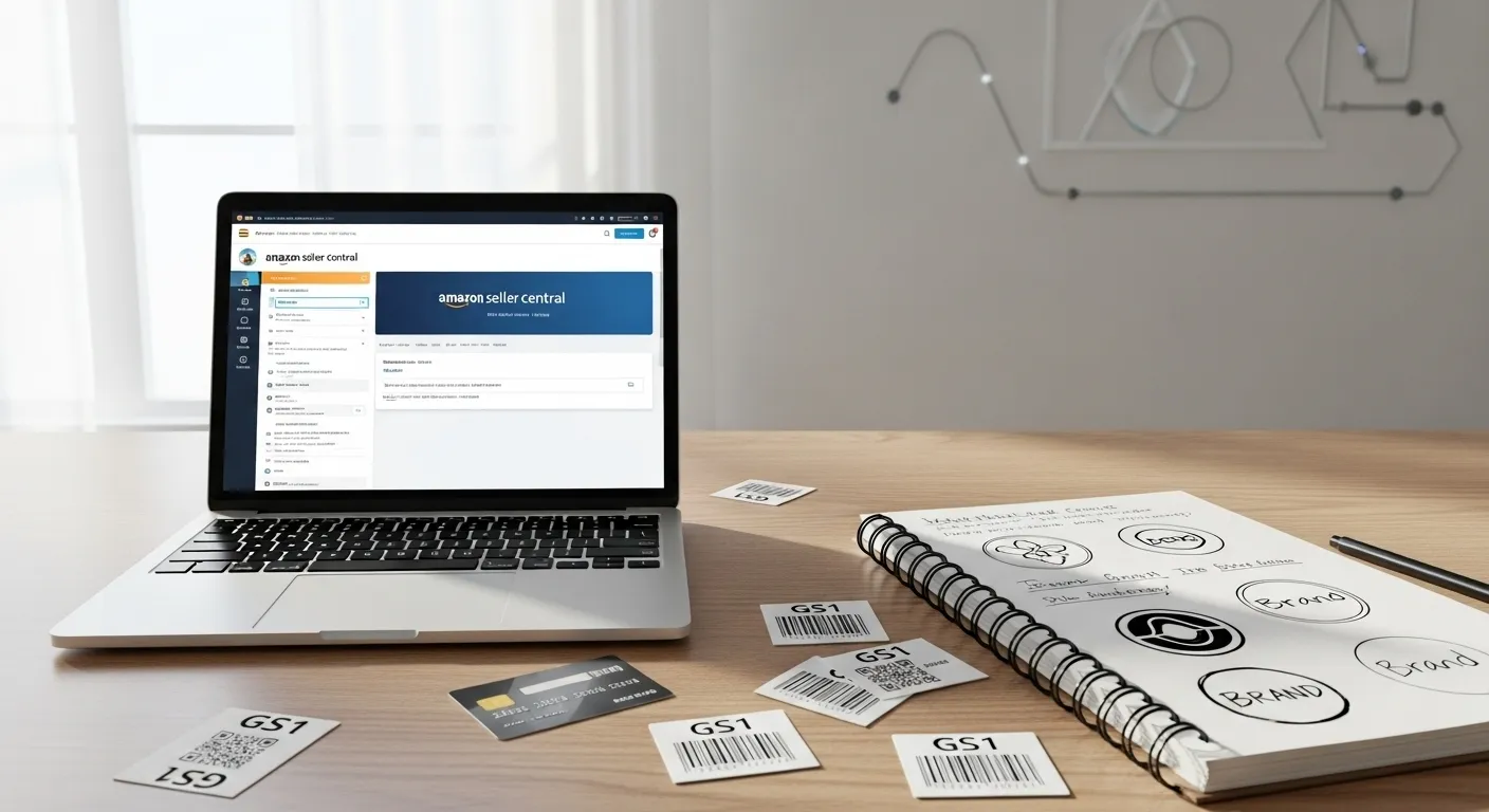 Laptop with Amazon Seller Central open and design tools on screen