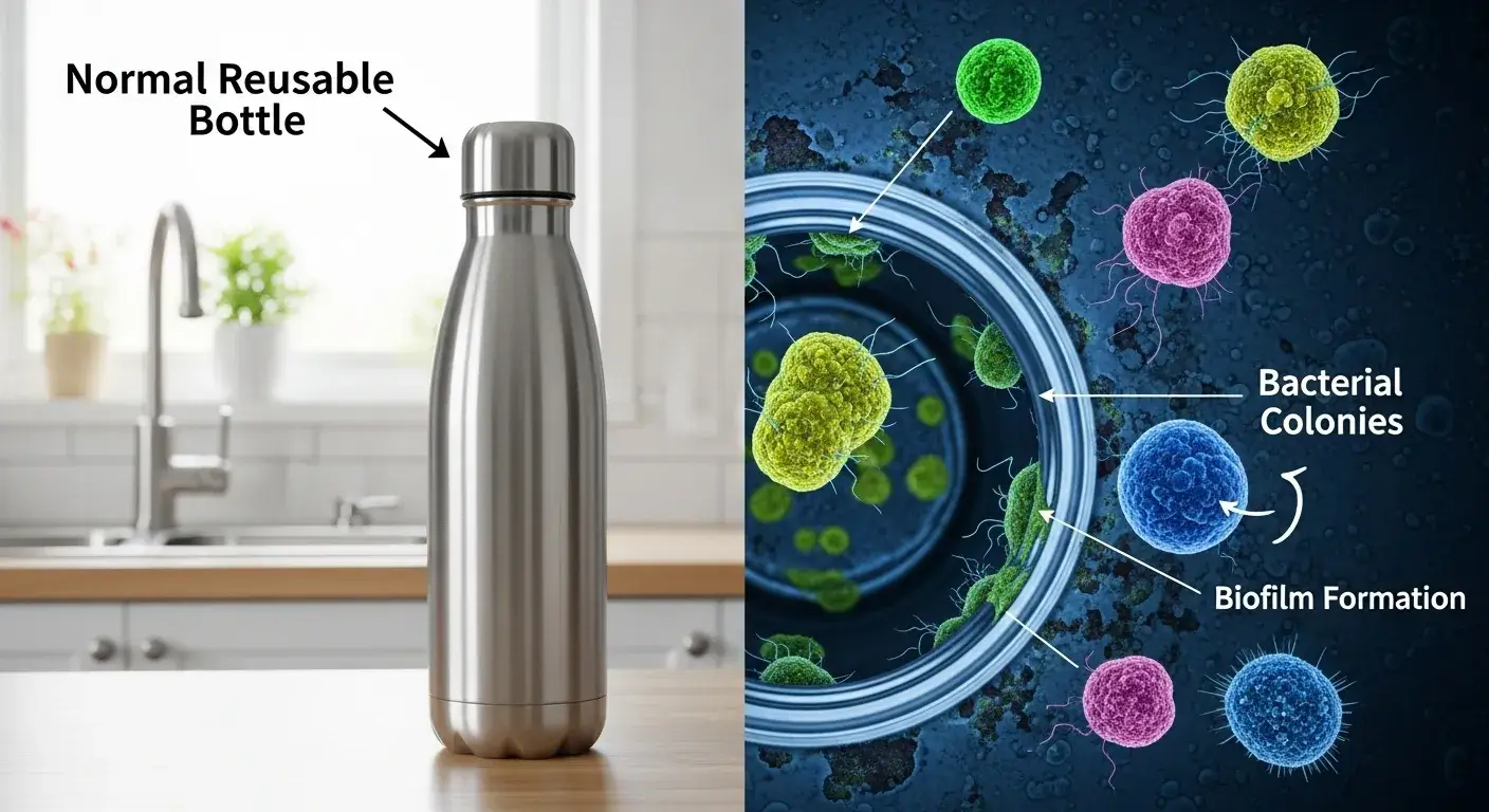 Bacterial contamination risk Reusable bottle under microscope showing bacteria growth