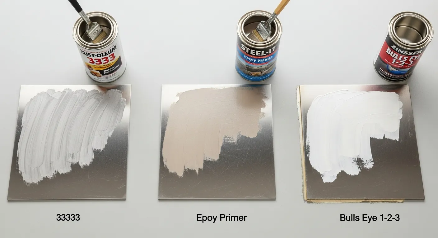Top primers for stainless Primers for stainless steel lined up beside test panels
