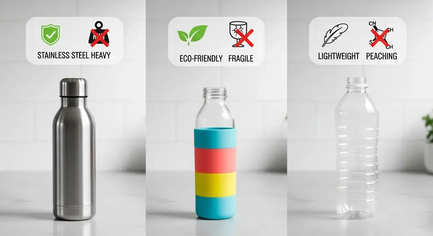 Material safety comparison Stainless steel, glass, and plastic bottles with pros and cons
