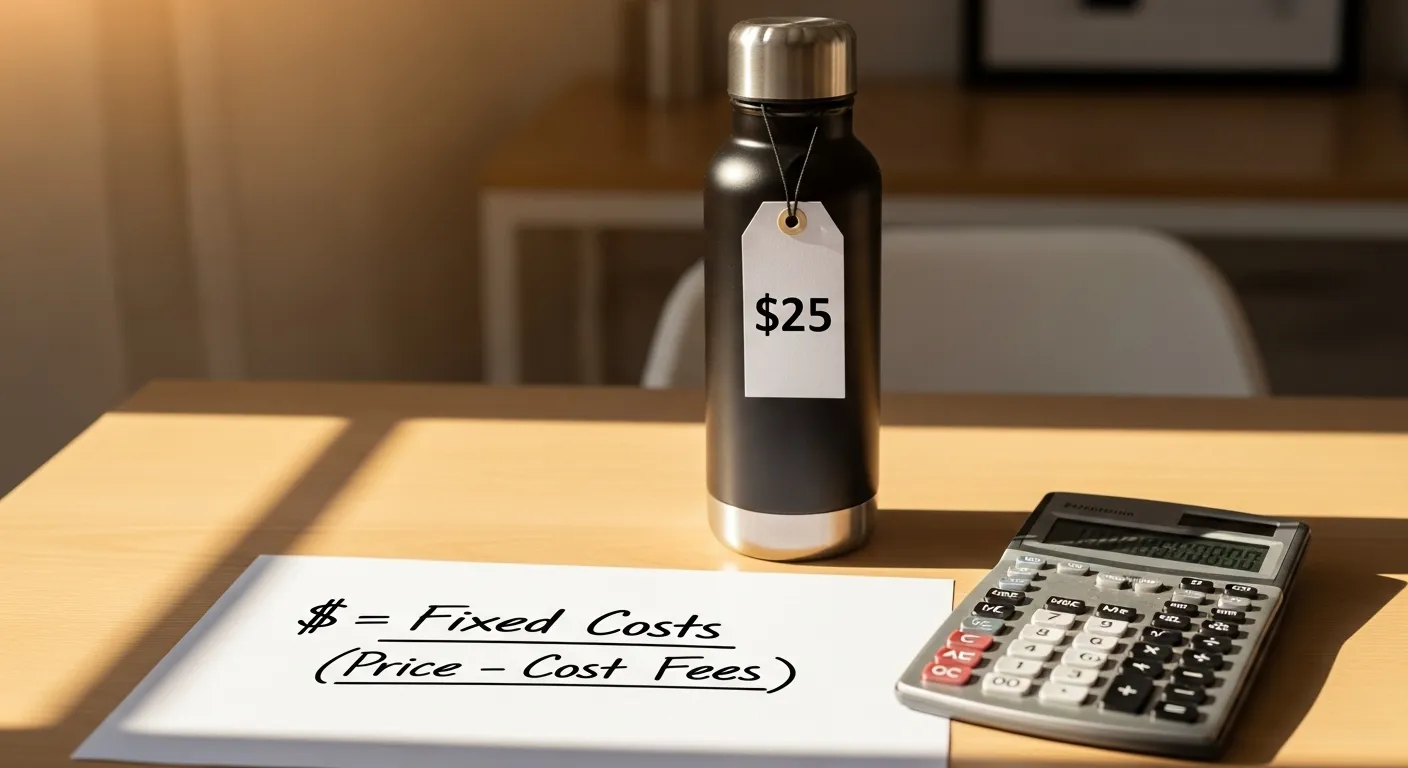 Break-even formula written on paper beside water bottle and calculator