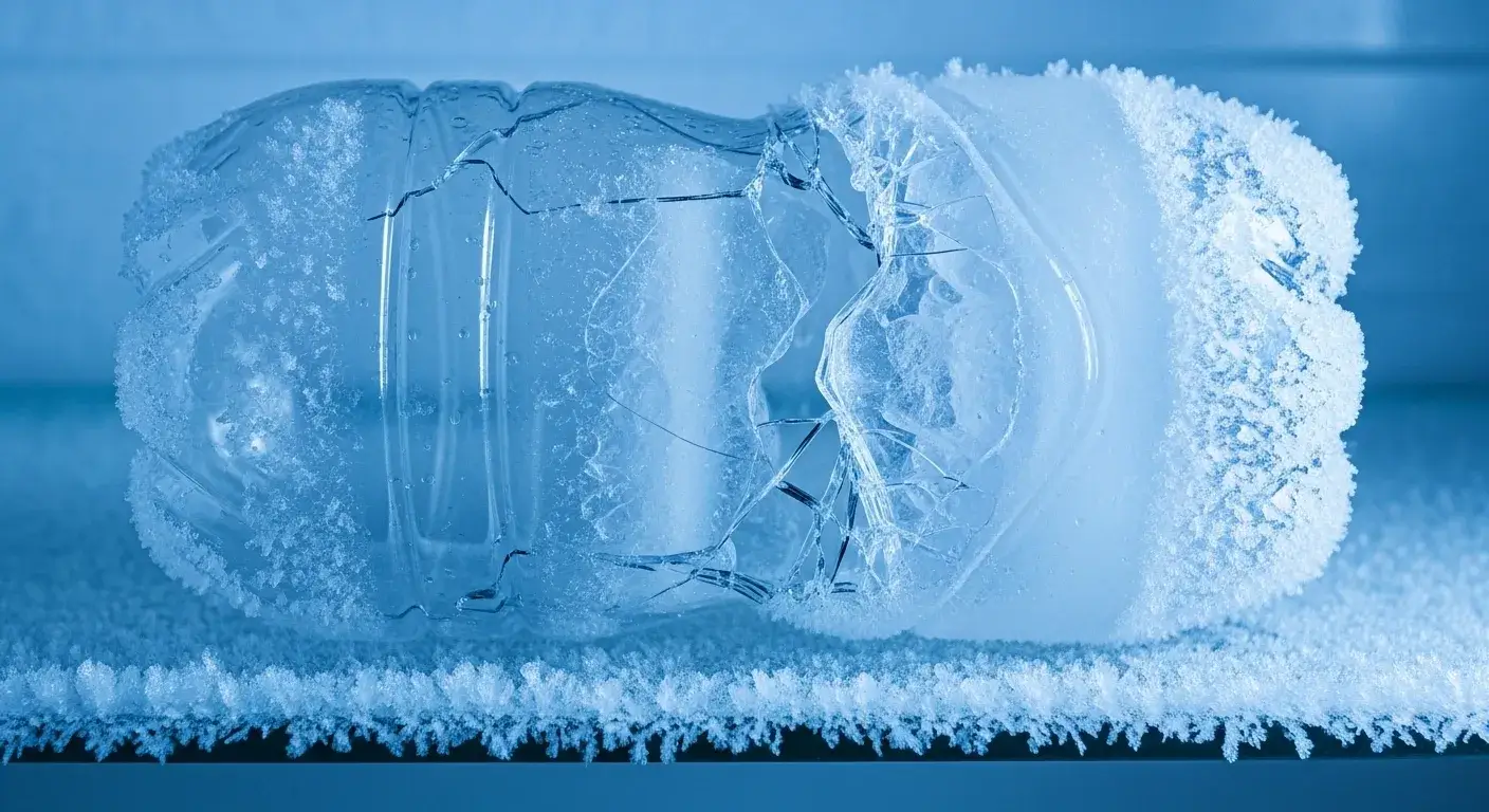 Frozen bottle cracked Cracked frozen plastic water bottle inside freezer