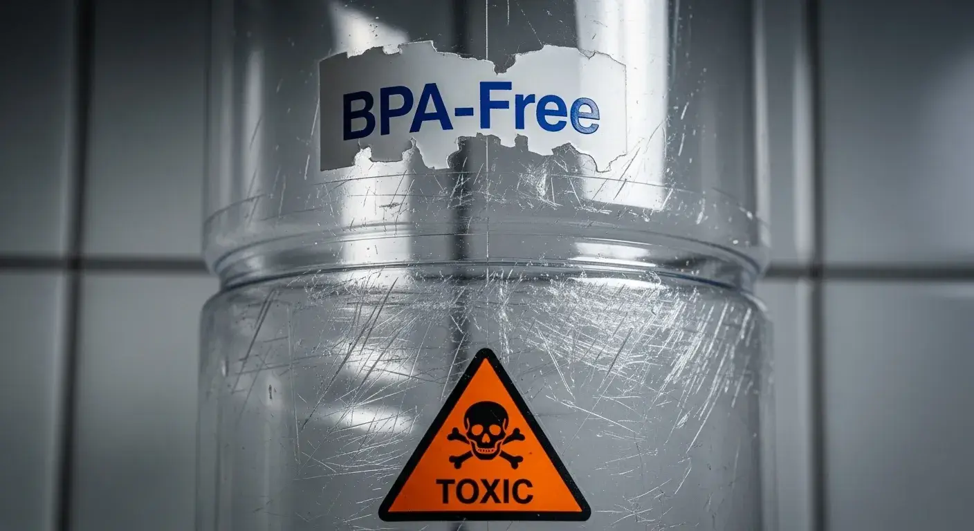 Plastic leaching concern Old scratched plastic bottle with chemical warning symbol