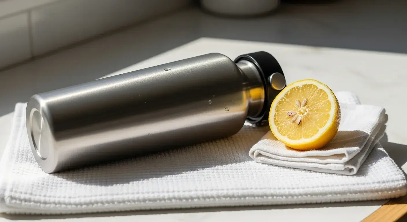 Stainless steel cup drying on a soft towel beside a lemon