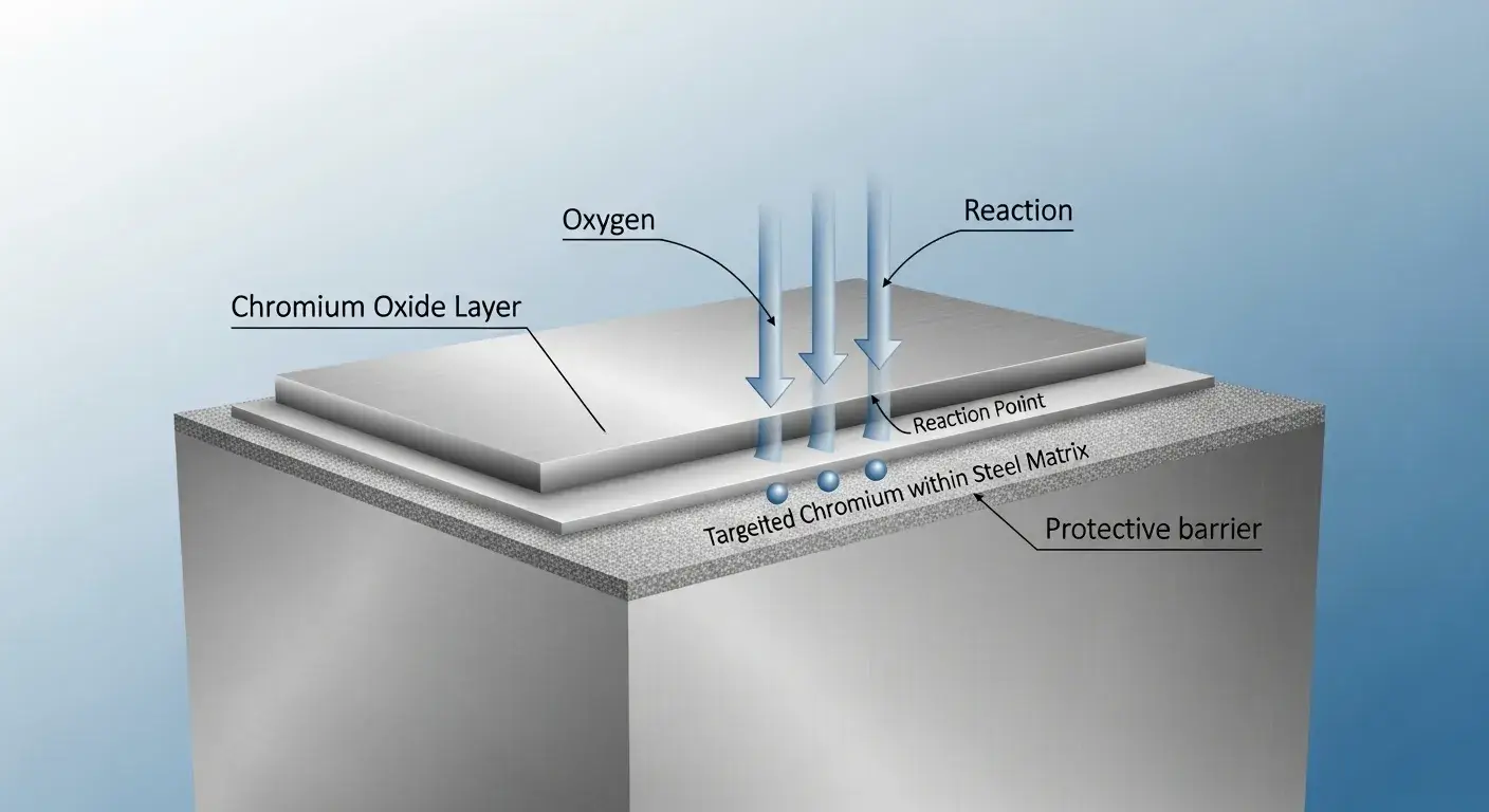 Diagram showing how chromium prevents rust on stainless steel