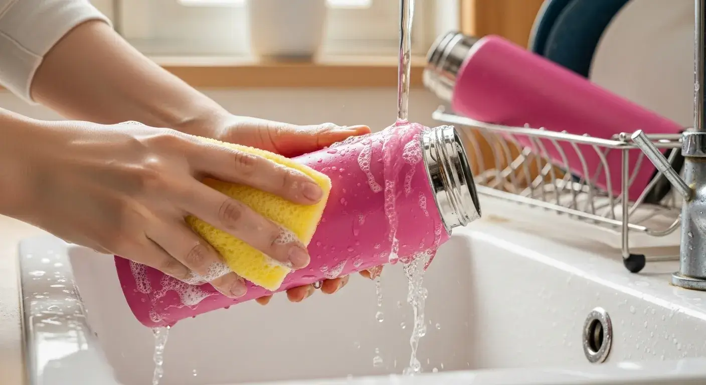 Hand washing pink stainless bottle in sink