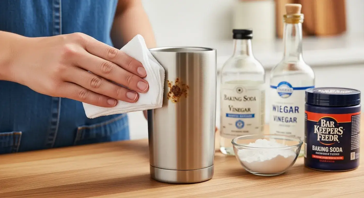 Person cleaning stainless steel cup with baking soda paste