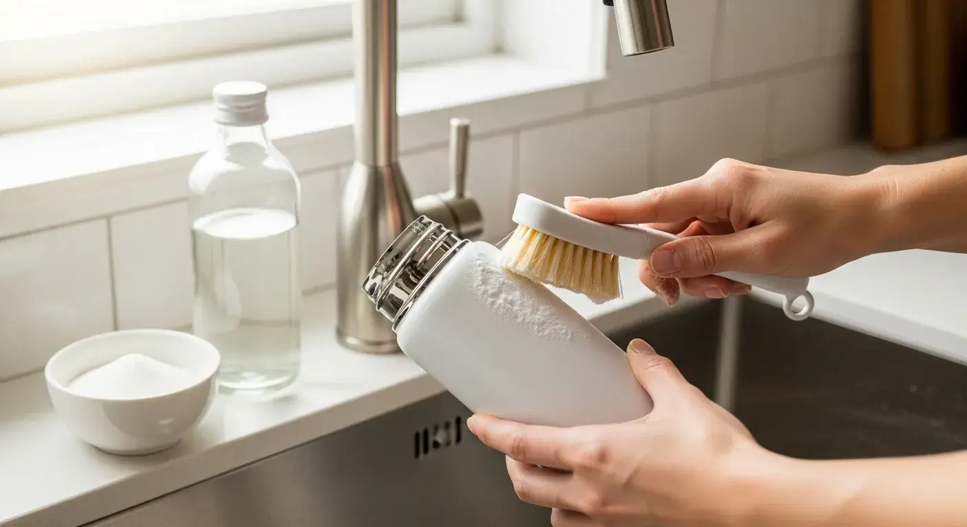 Bottle cleaning method Hand cleaning a white bottle with baking soda