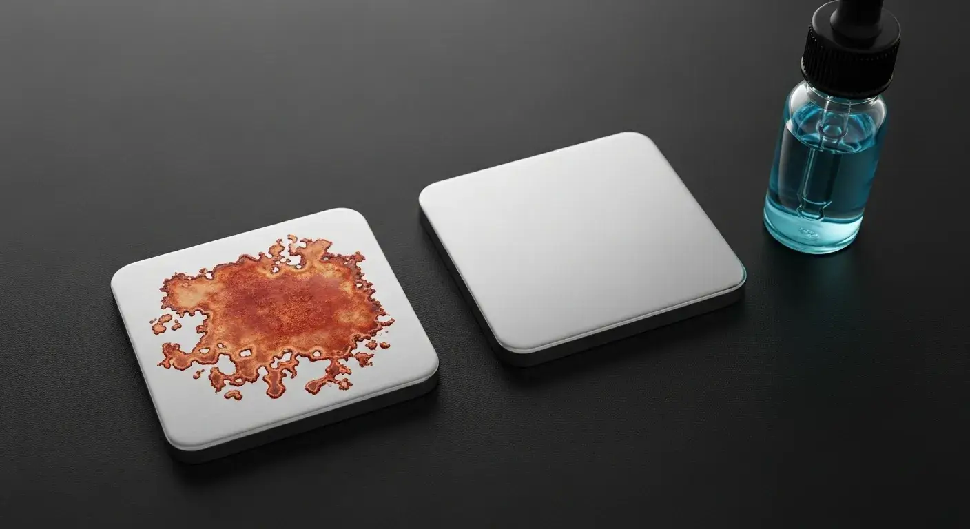 Copper sulfate drops on polished stainless steel surface