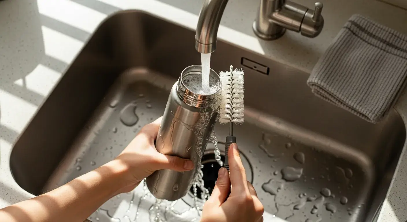 Daily bottle cleaning tips Person cleaning a water bottle with a brush and soap