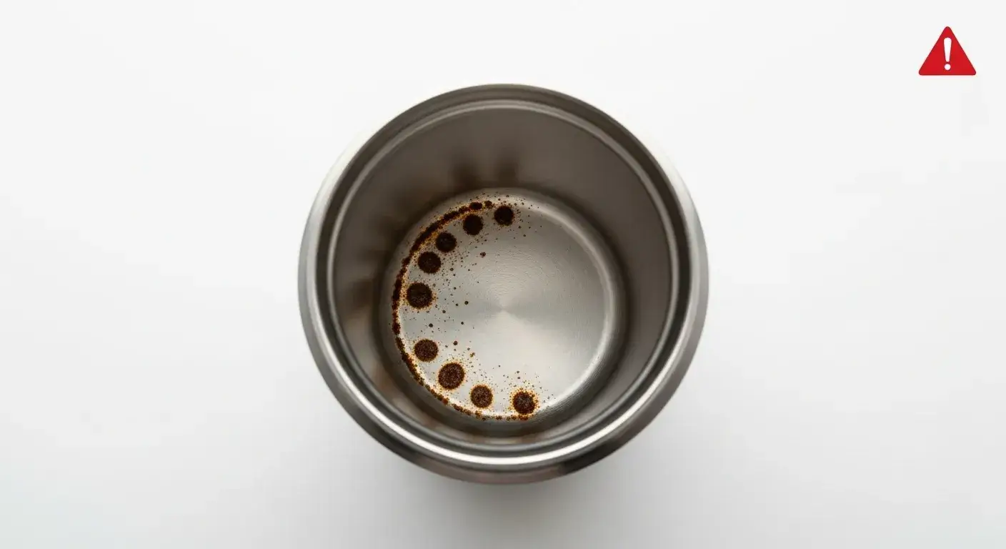 Rust spot inside a stainless steel cup with warning overlay