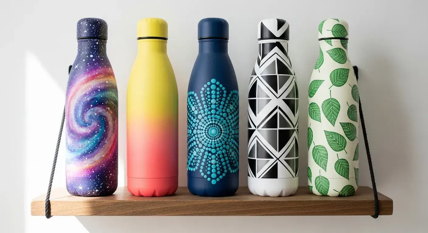 Beginner-friendly bottle painting Five bottles with unique painted designs on shelf