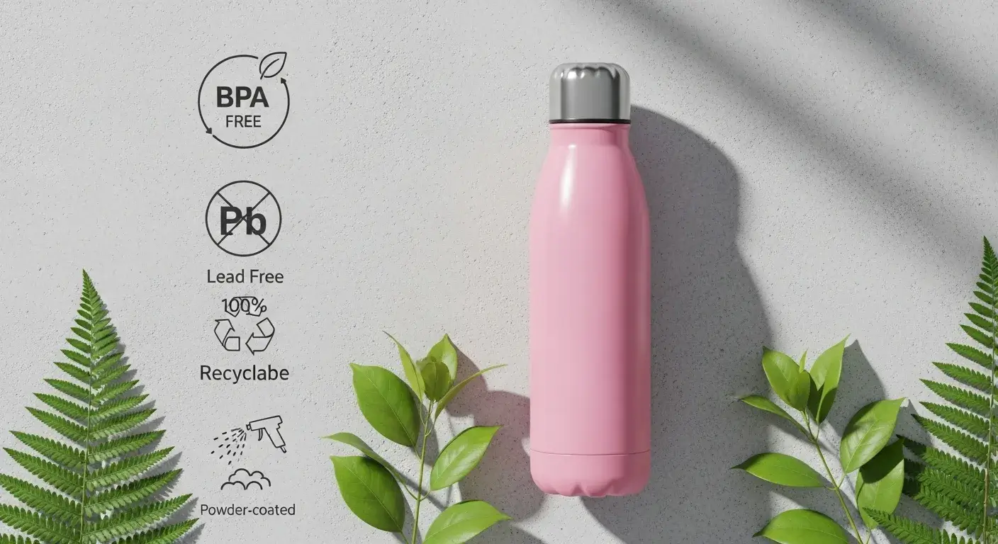Eco-safe pink bottle with safety icons