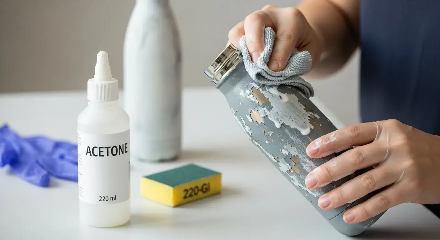 Fixing peeling paint issues Person using acetone and sandpaper to fix peeling bottle paint