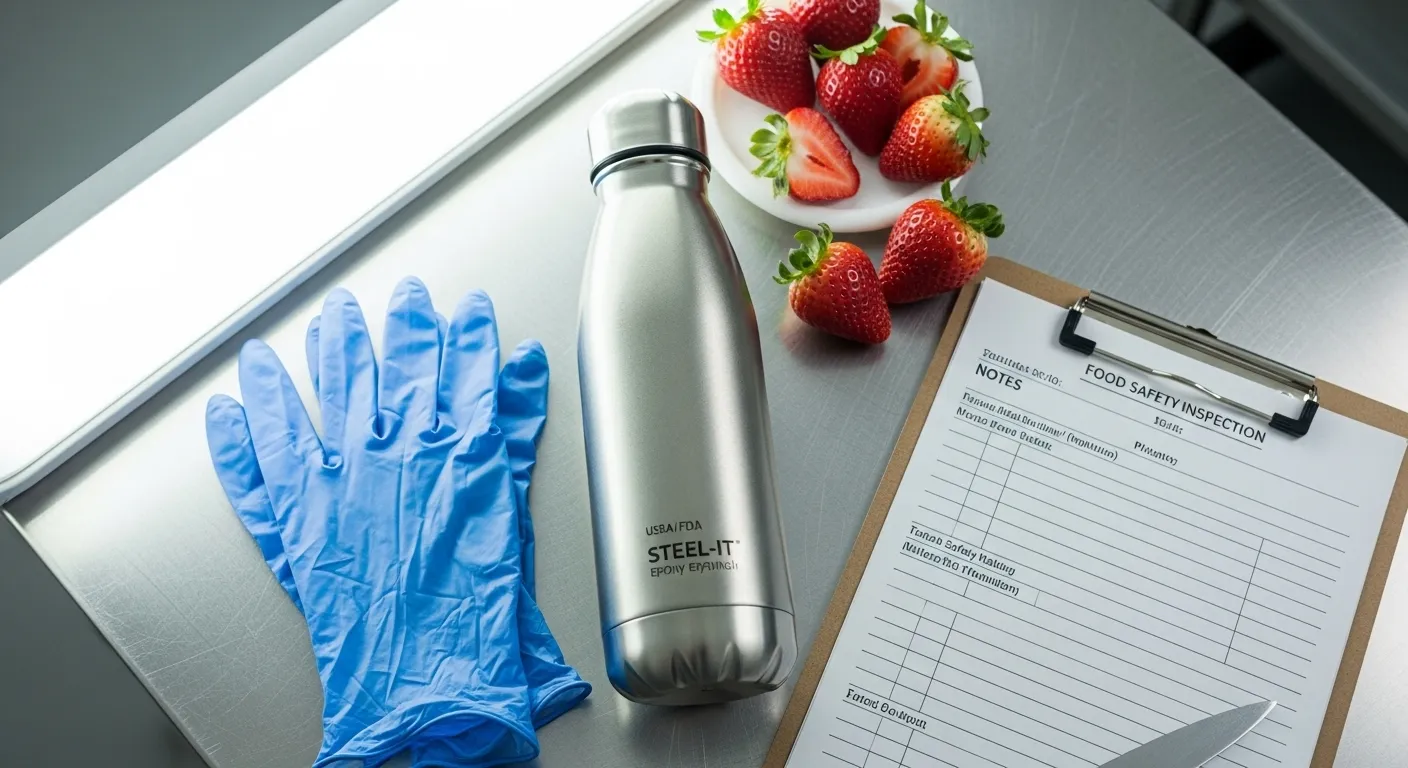 Food-safe bottle coatings Food-safe coated bottle beside fresh fruit and gloves