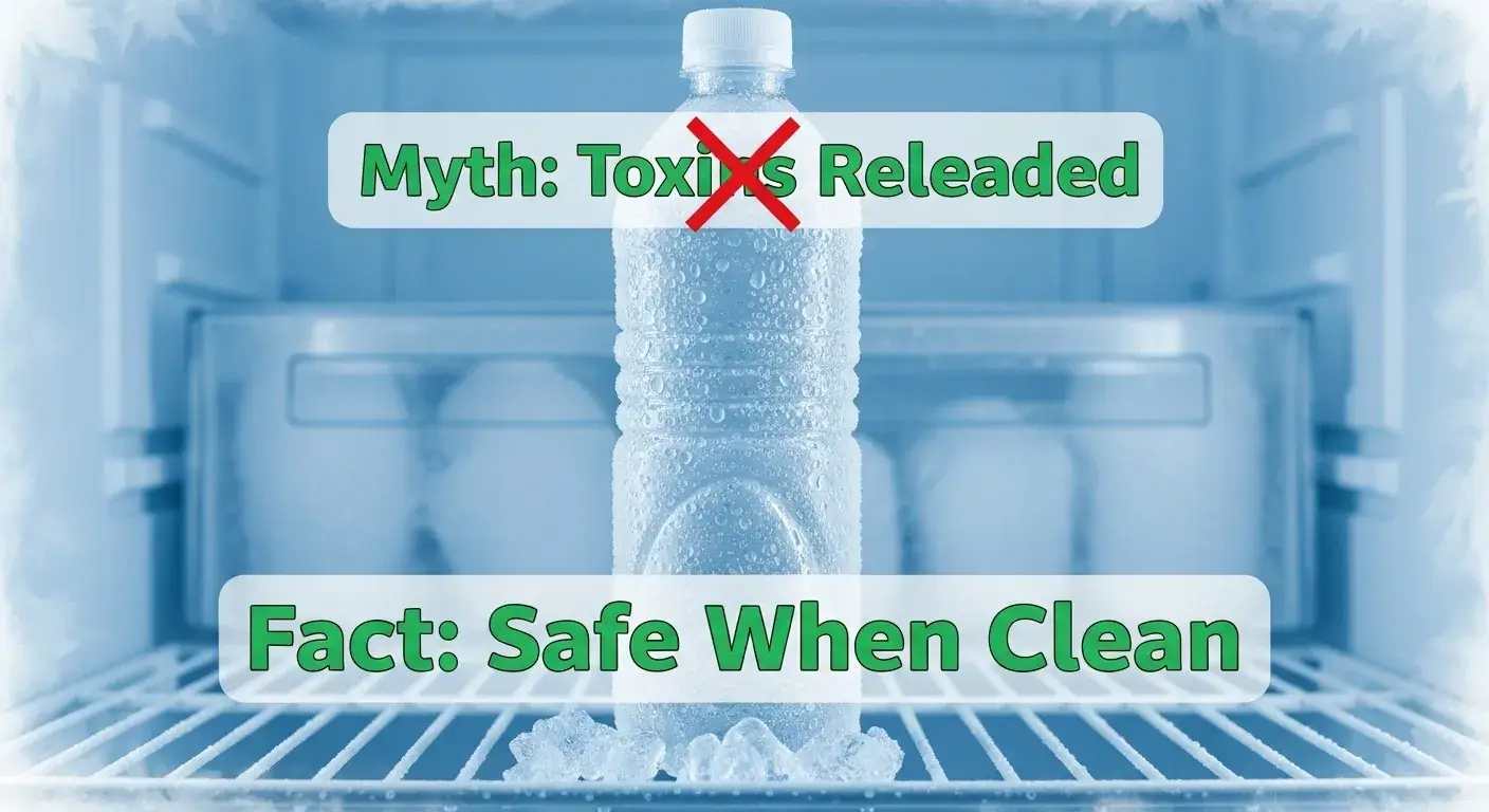 Myth about frozen plastic Plastic bottle in freezer with myth vs fact label