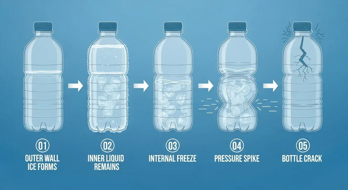 Ice formation stages Sequence of ice forming inside bottle wall