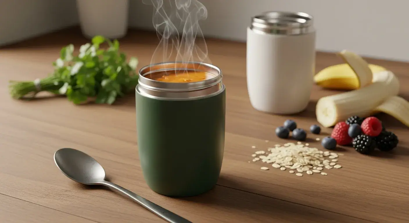Insulated tumbler holding soup or smoothie