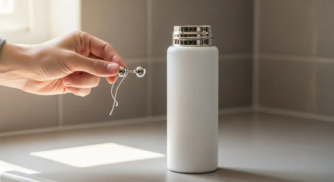 Person testing stainless steel bottle with small hanging magnet