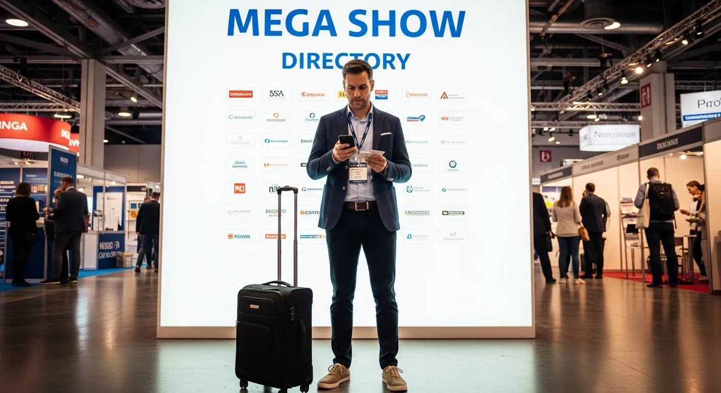 Attendee with rolling suitcase reviewing event app